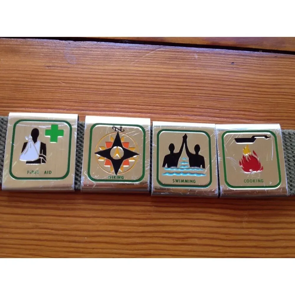 Vintage Cub Scout Belt with 8 Activity Badges Slides Brass Buckle 28
